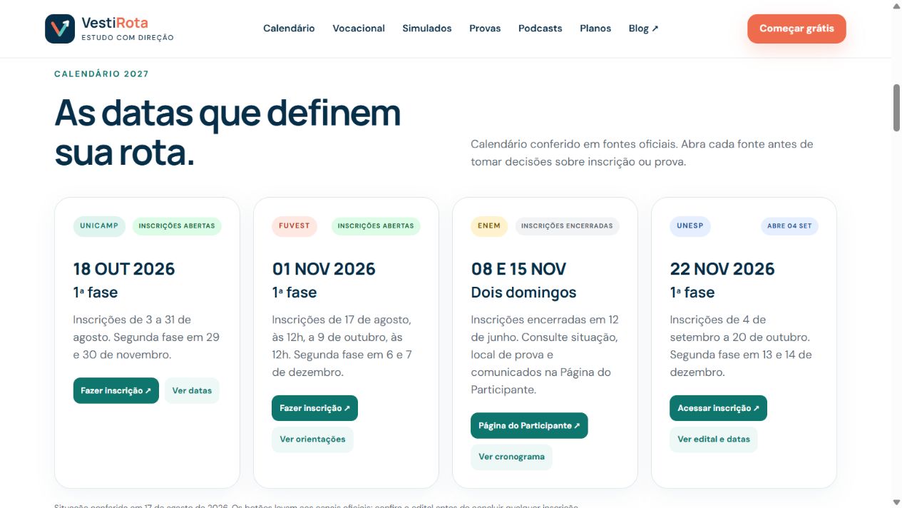 Calendário do VestiRota com cartões de vestibulares e links