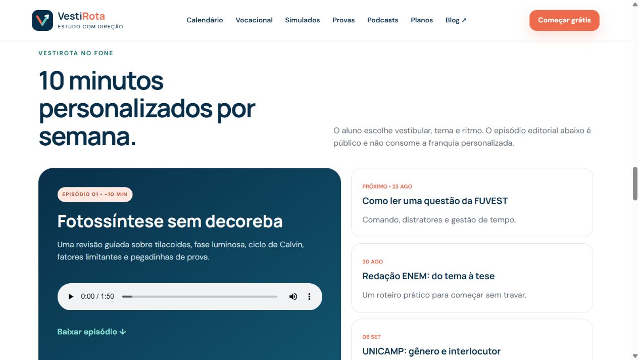 Área de podcasts e revisão em áudio do VestiRota