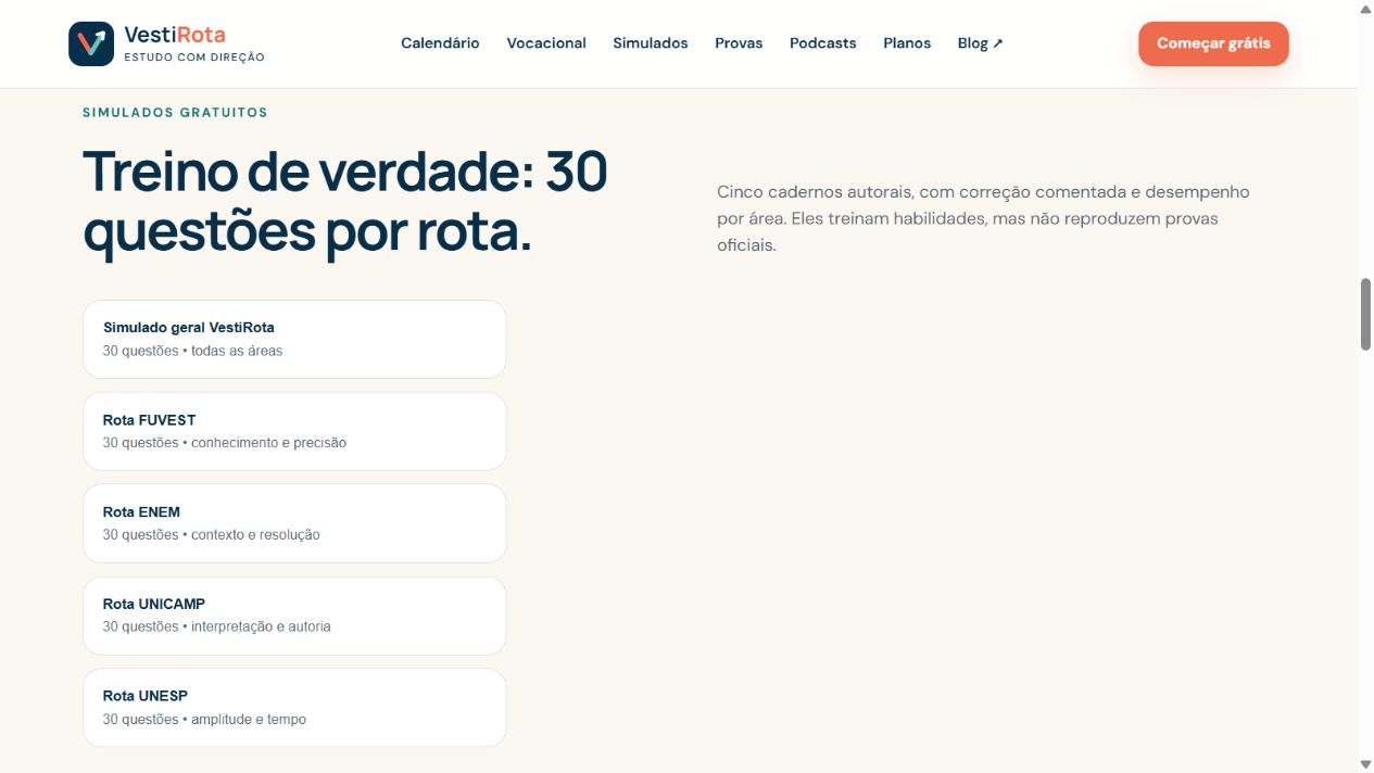 Área de simulados autorais do VestiRota