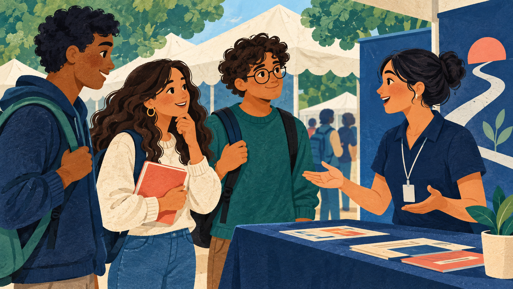 Ilustração de estudantes conversando sobre cursos em uma feira de profissões