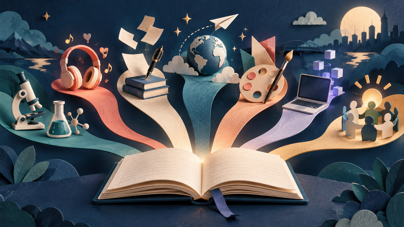 Livro aberto com caminhos de papel representando ciência, criação, tecnologia e colaboração